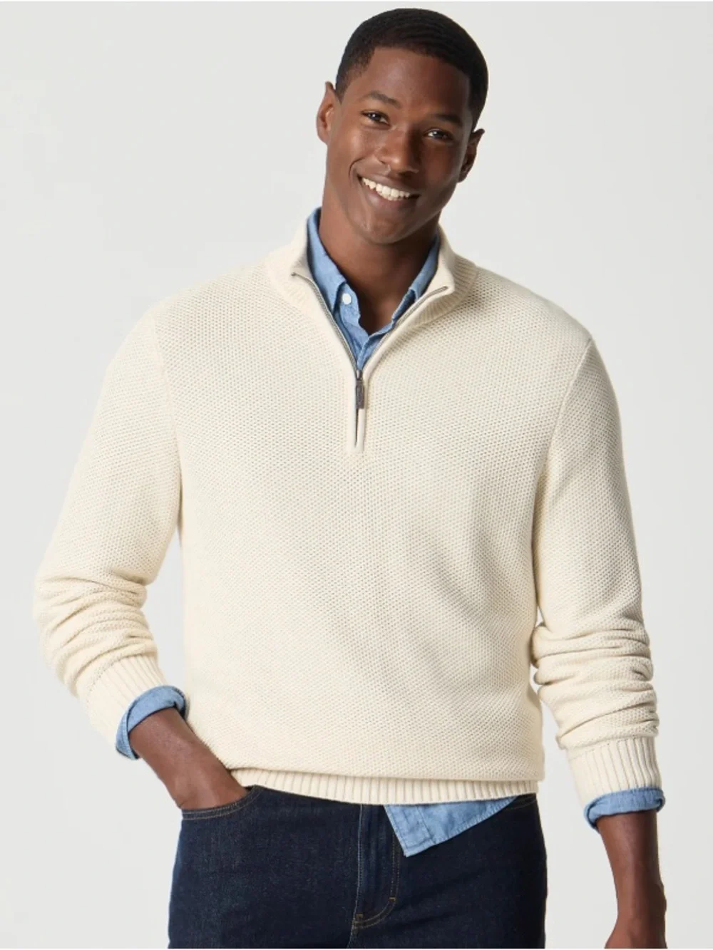 J. Crew Factory Cotton Honeycomb Knit Quarter-zip‎ Sweater Natural Cream Size XL